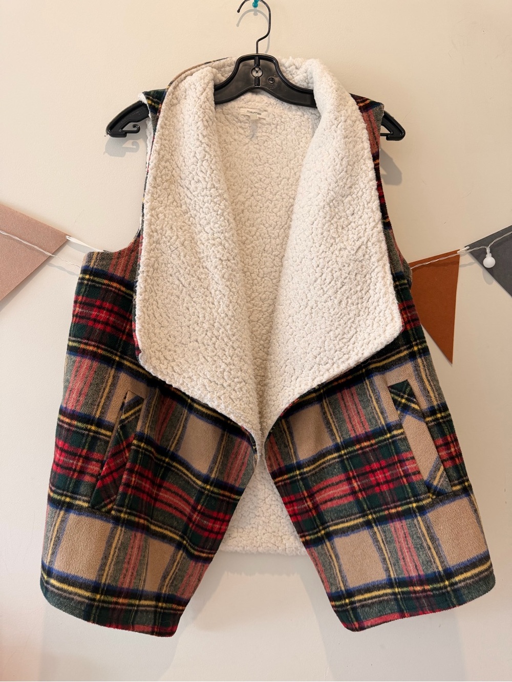Maurices Plaid Sherpa Vest in Red, Tan & Green